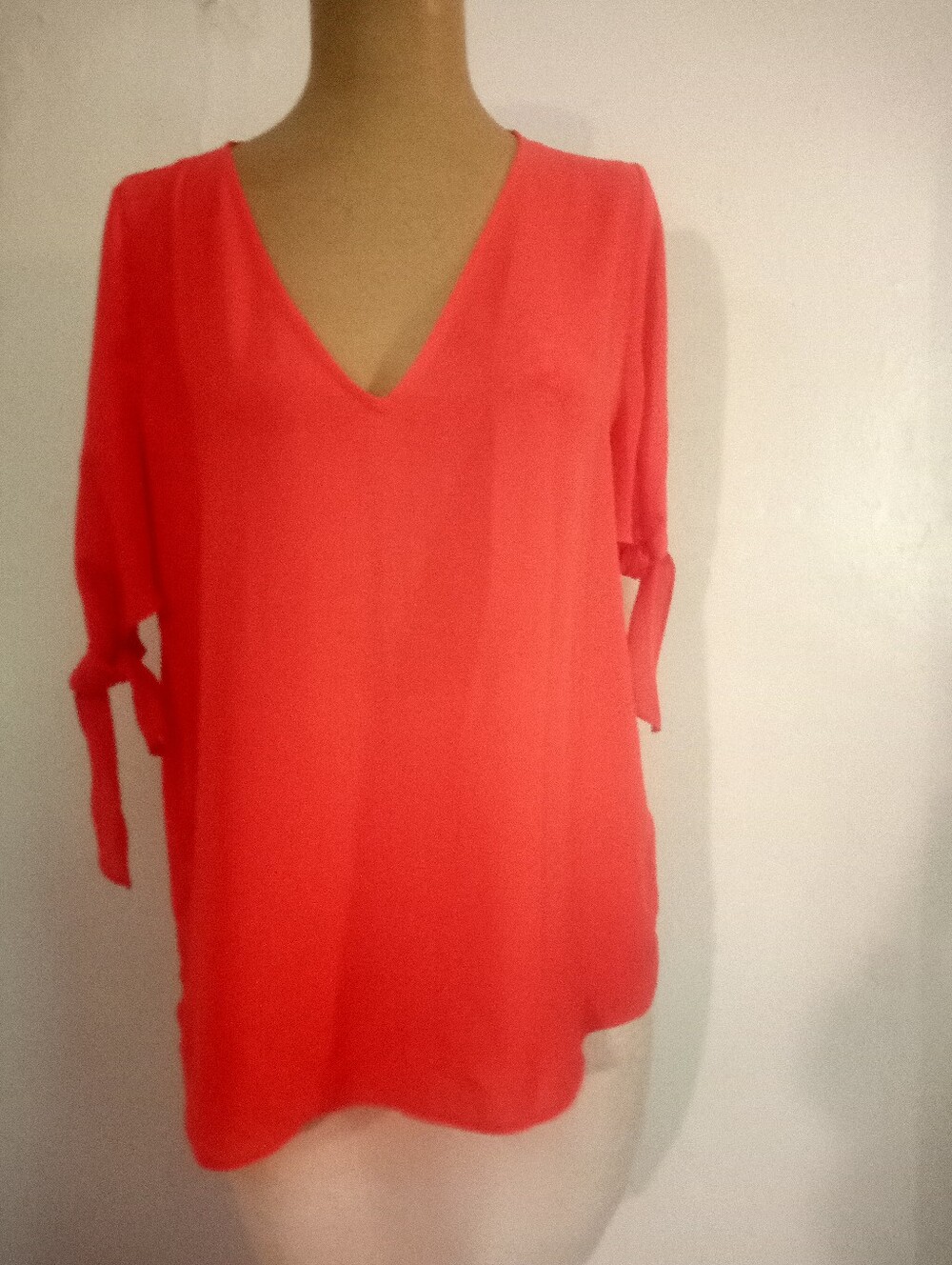 Chelsea28 Coral Pink V-Neck Tie-Sleeve Blouse